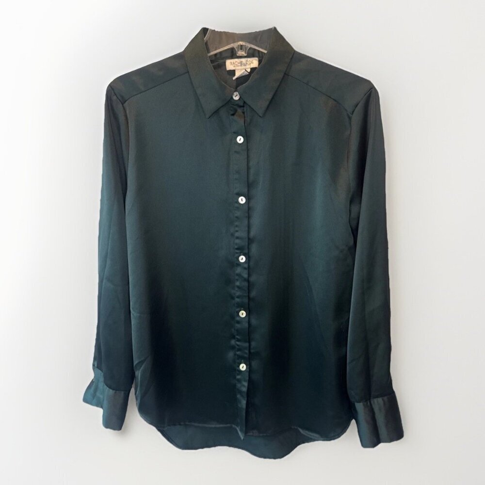 Rachel Zoe Womens Green Satin Long Sleeve Button Up Top Sz M Holiday Classic